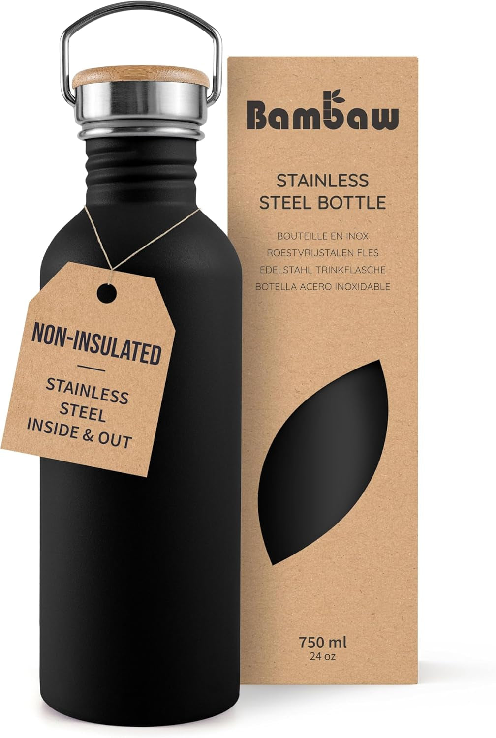 Metal Water Bottle 24 Oz, Non-Insulated Black Water Bottle Metal, Single Walled Stainless Steel Water Bottle, Reusable Water Bottle, Portable & BPA Free Water Bottle – Jet Black