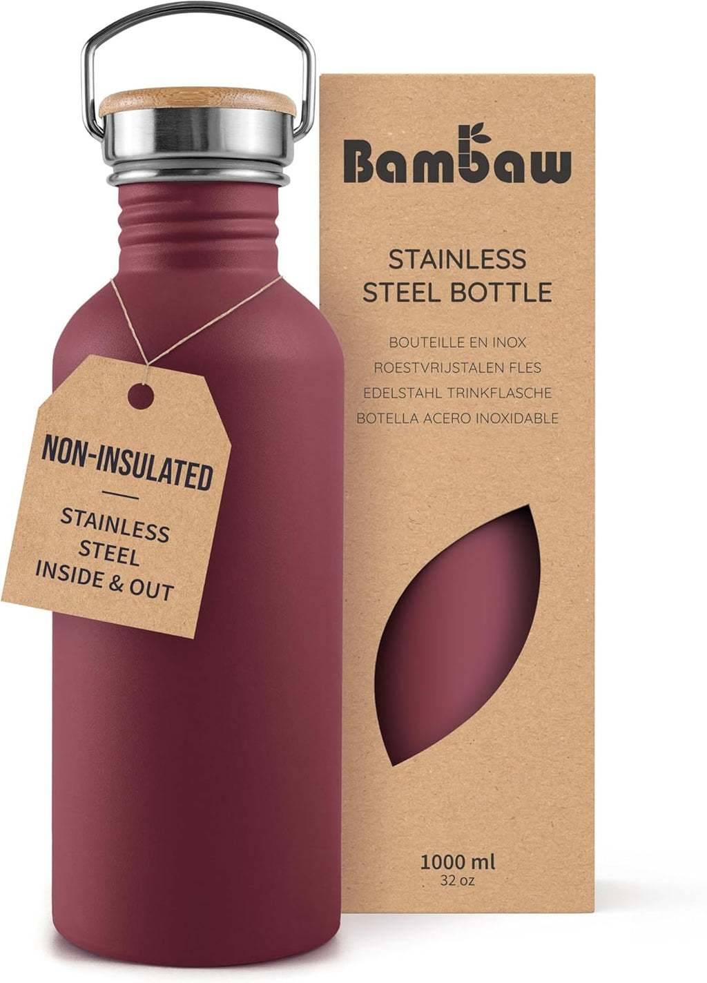 Non-Insulated 32 Oz Water Bottle, Reusable Water Bottle Red, Single Wall Stainless Steel Water Bottle, Travel Water Bottle 32Oz, Metal Water Bottle with Handle – Red Berry
