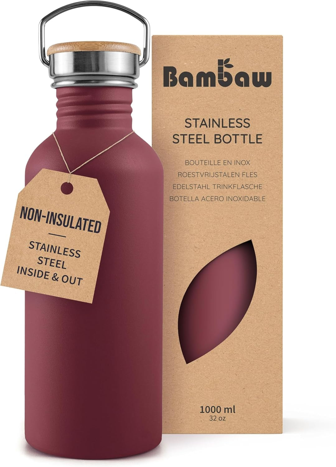 Non-Insulated 32 Oz Water Bottle, Reusable Water Bottle Red, Single Wall Stainless Steel Water Bottle, Travel Water Bottle 32Oz, Metal Water Bottle with Handle – Red Berry