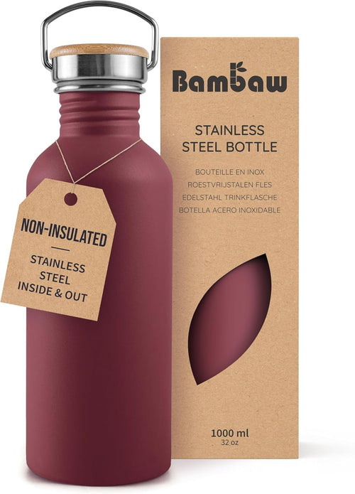 Non-Insulated 32 Oz Water Bottle, Reusable Water Bottle Red, Single Wall Stainless Steel Water Bottle, Travel Water Bottle 32Oz, Metal Water Bottle with Handle – Red Berry