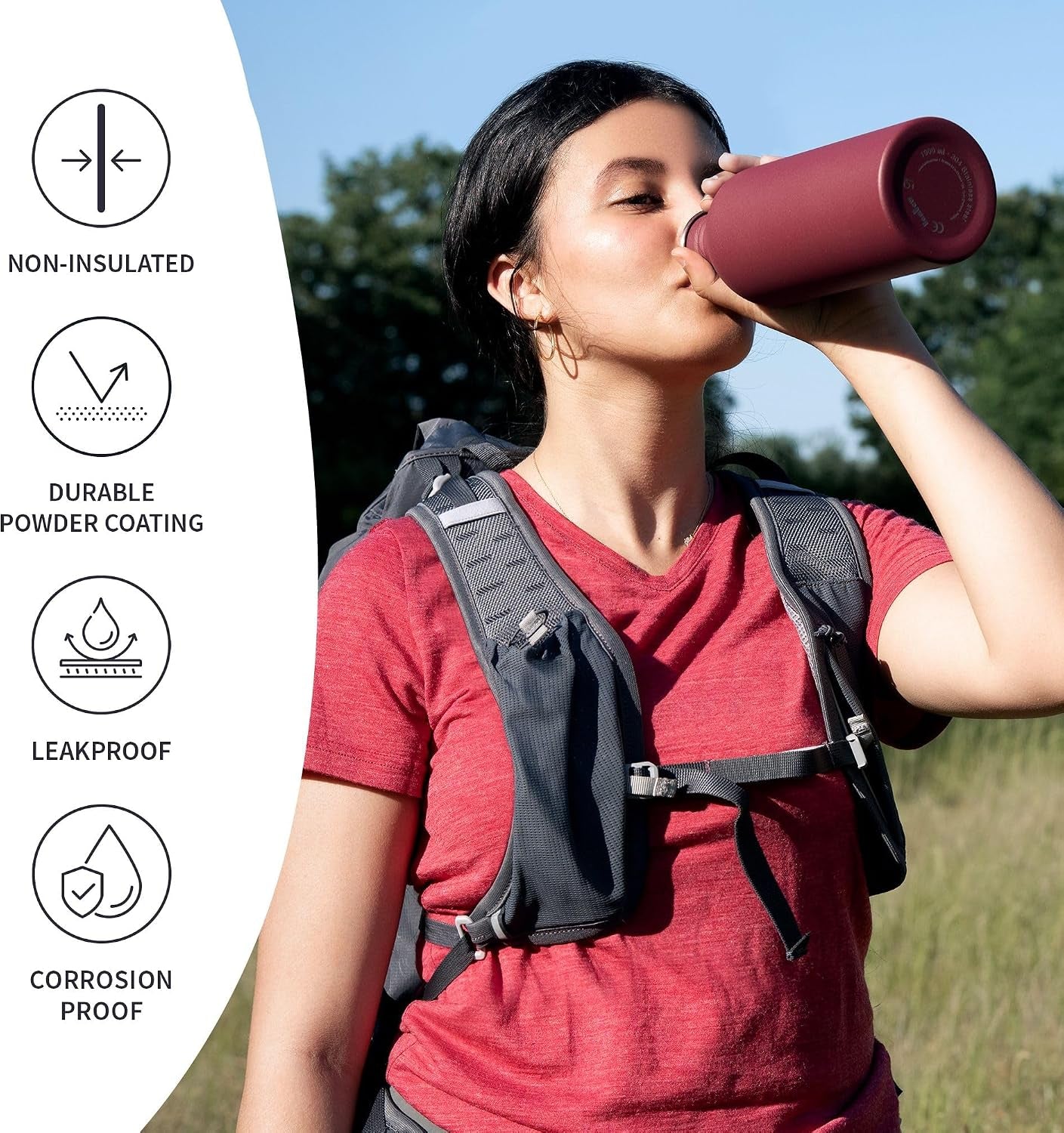 Non-Insulated 32 Oz Water Bottle, Reusable Water Bottle Red, Single Wall Stainless Steel Water Bottle, Travel Water Bottle 32Oz, Metal Water Bottle with Handle – Red Berry