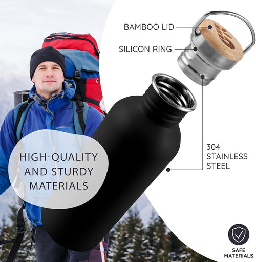 Metal Water Bottle 24 Oz, Non-Insulated Black Water Bottle Metal, Single Walled Stainless Steel Water Bottle, Reusable Water Bottle, Portable & BPA Free Water Bottle – Jet Black